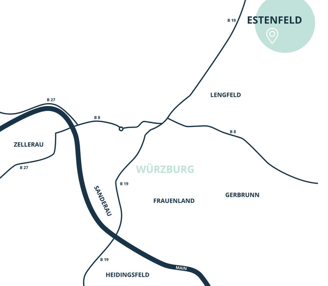 Übersichtskarte von Würzburg und Umgebung mit markiertem Standort Estenfeld